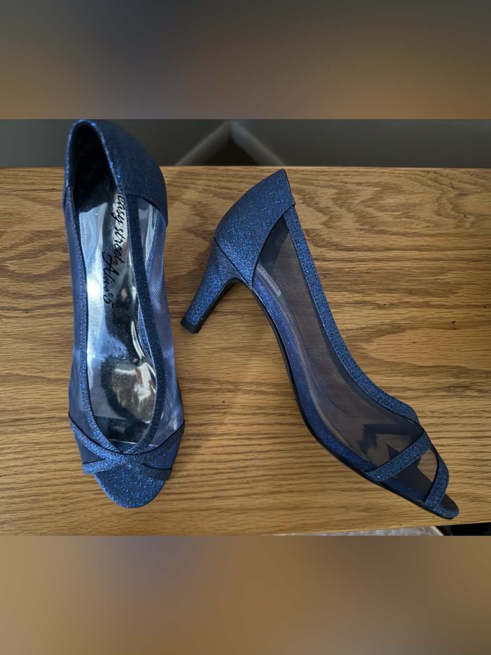 easy street Navy Blue Glitter Sheer Peep-Toe Pumps